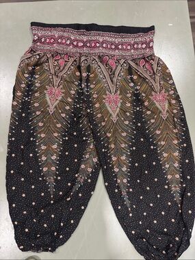 Boho Women’s Black Paisley Print Harem Pants with Pink Accents